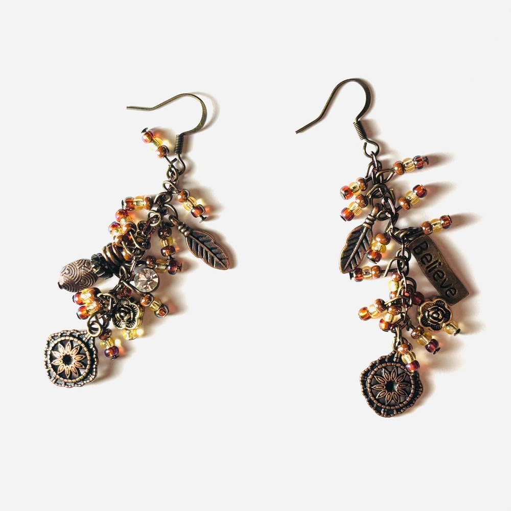 🆕 Bronze Tone Boho Dangly Charm Earrings OOAK